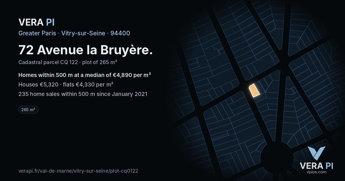 72 Avenue la Bruyère, Vitry-sur-Seine at night – the plot lit, the parcels around coloured by the prices near them