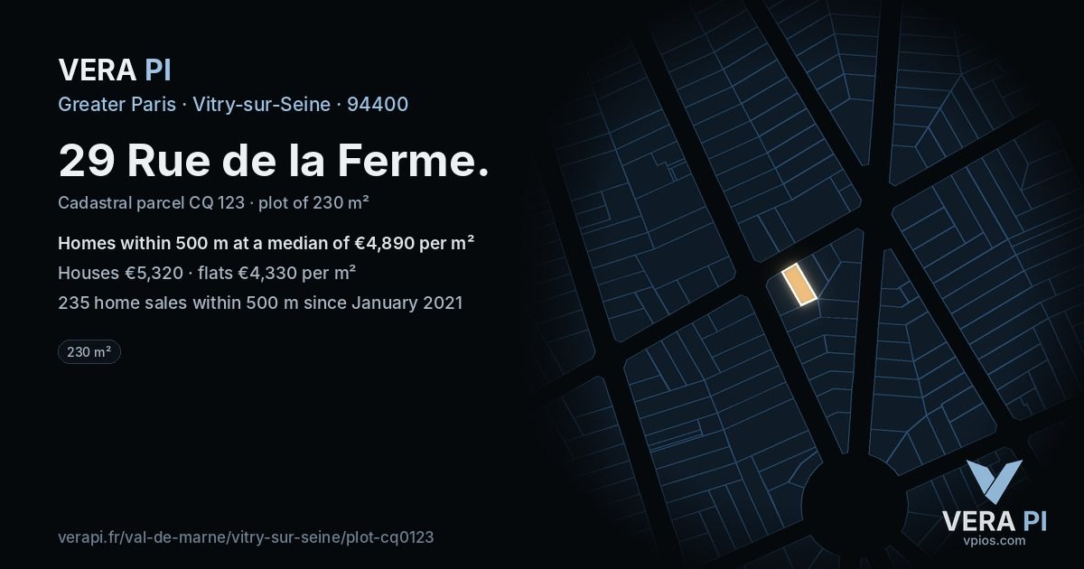 29 Rue de la Ferme, Vitry-sur-Seine at night – the plot lit, the parcels around coloured by the prices near them