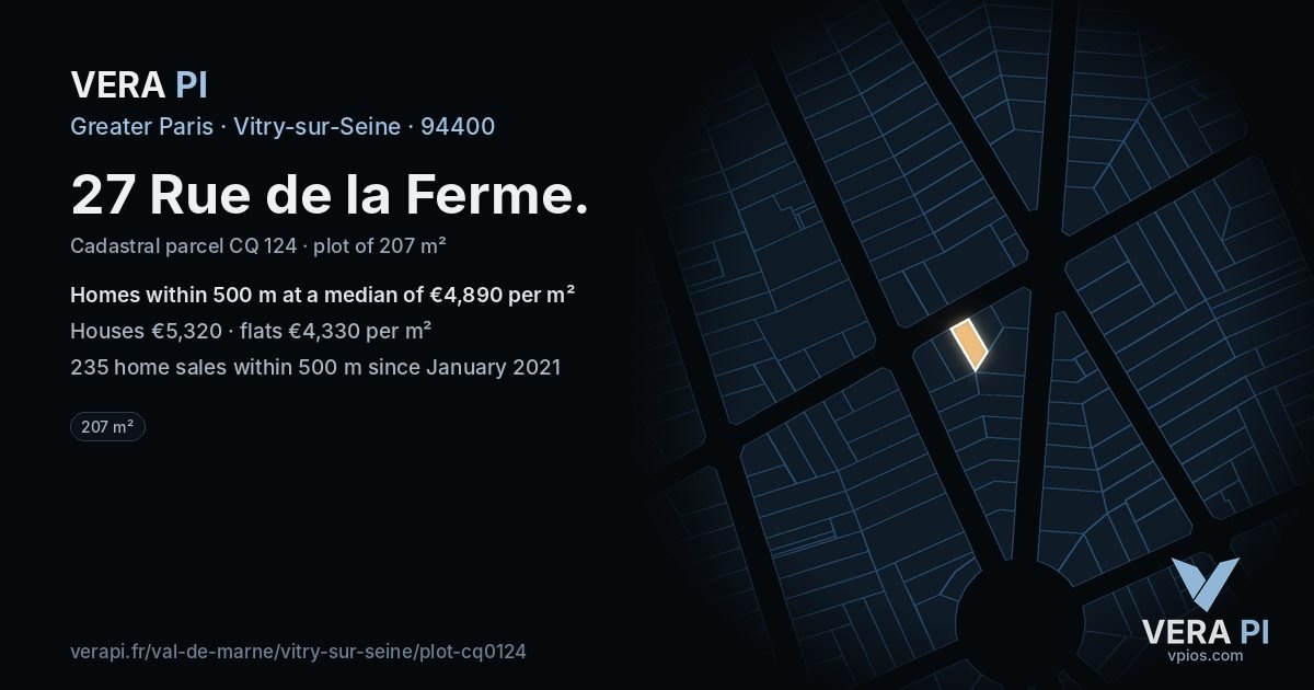 27 Rue de la Ferme, Vitry-sur-Seine at night – the plot lit, the parcels around coloured by the prices near them