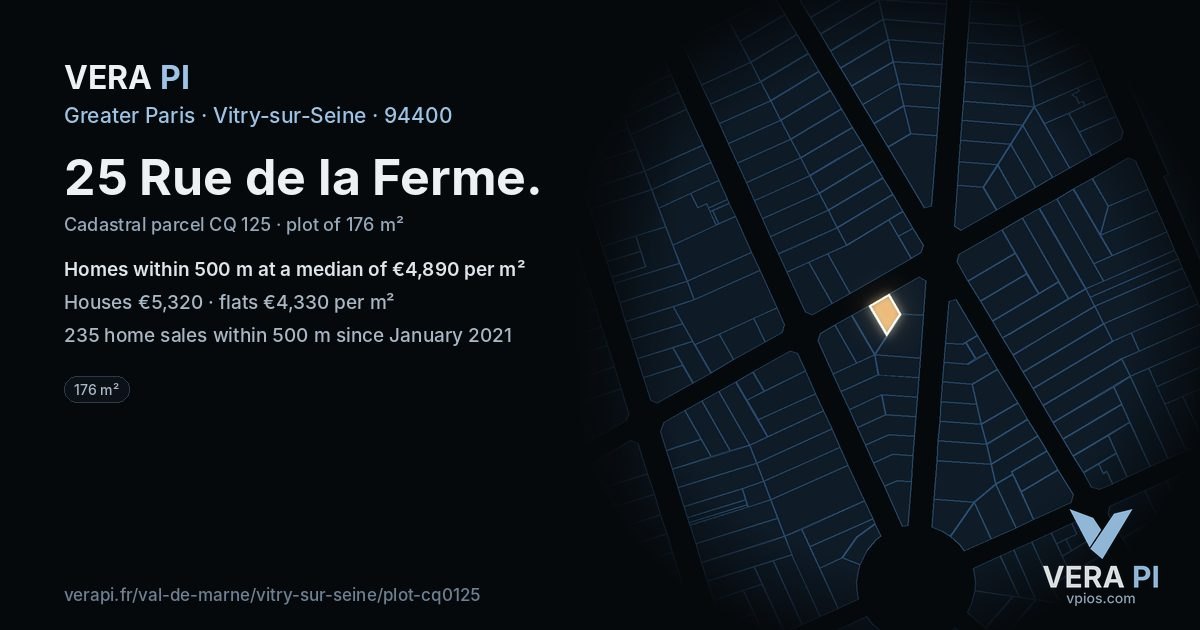 25 Rue de la Ferme, Vitry-sur-Seine at night – the plot lit, the parcels around coloured by the prices near them