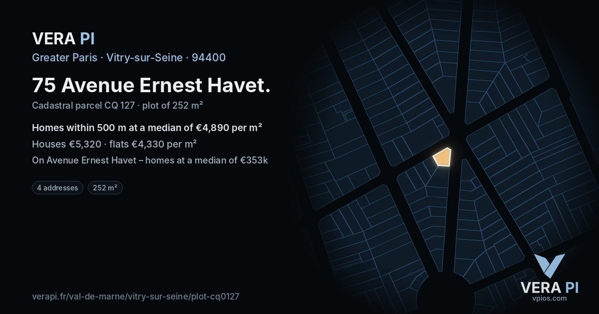 75 Avenue Ernest Havet, Vitry-sur-Seine at night – the plot lit, the parcels around coloured by the prices near them