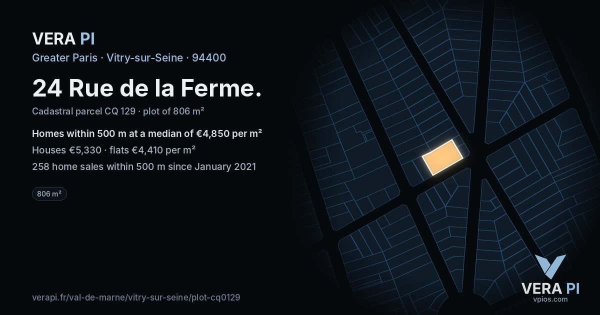 24 Rue de la Ferme, Vitry-sur-Seine at night – the plot lit, the parcels around coloured by the prices near them