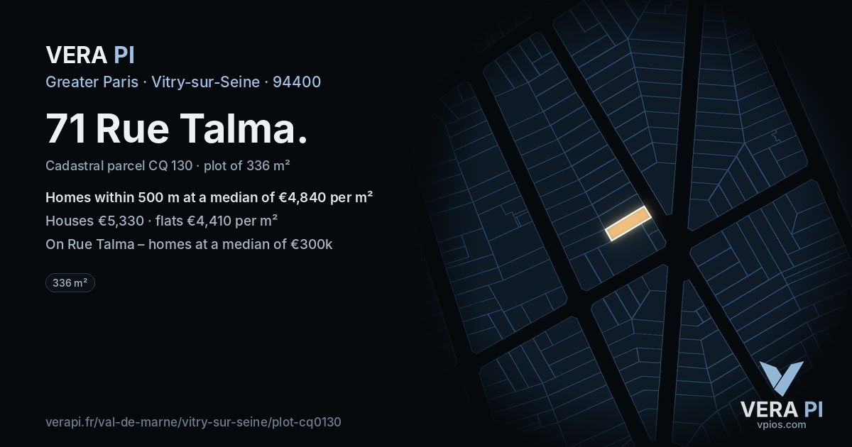 71 Rue Talma, Vitry-sur-Seine at night – the plot lit, the parcels around coloured by the prices near them