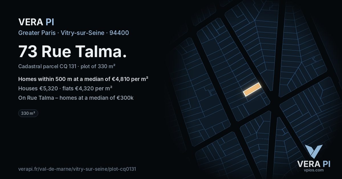 73 Rue Talma, Vitry-sur-Seine at night – the plot lit, the parcels around coloured by the prices near them