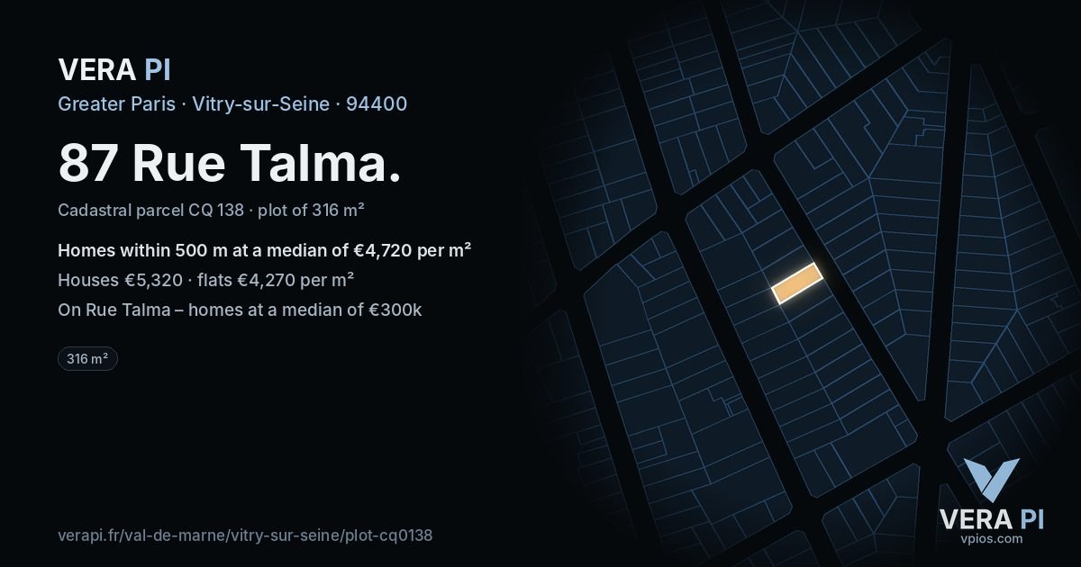 87 Rue Talma, Vitry-sur-Seine at night – the plot lit, the parcels around coloured by the prices near them