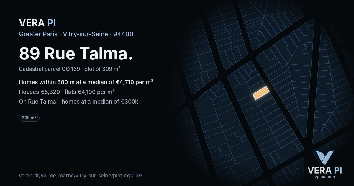 89 Rue Talma, Vitry-sur-Seine at night – the plot lit, the parcels around coloured by the prices near them