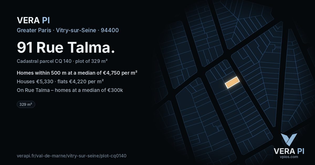 91 Rue Talma, Vitry-sur-Seine at night – the plot lit, the parcels around coloured by the prices near them