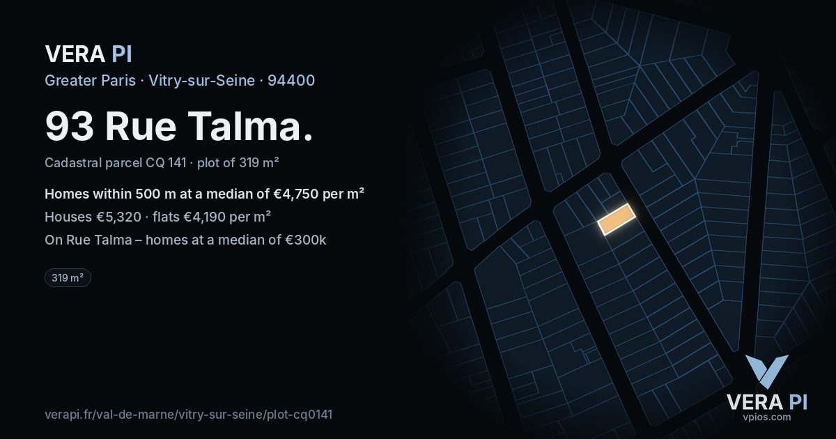 93 Rue Talma, Vitry-sur-Seine at night – the plot lit, the parcels around coloured by the prices near them