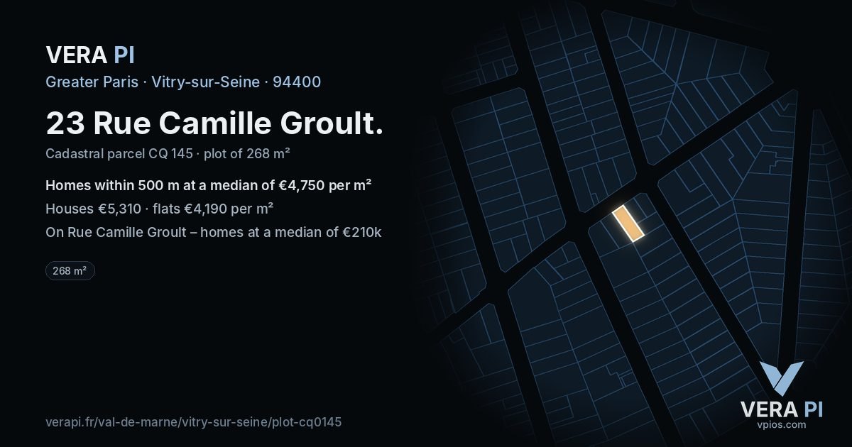 23 Rue Camille Groult, Vitry-sur-Seine at night – the plot lit, the parcels around coloured by the prices near them