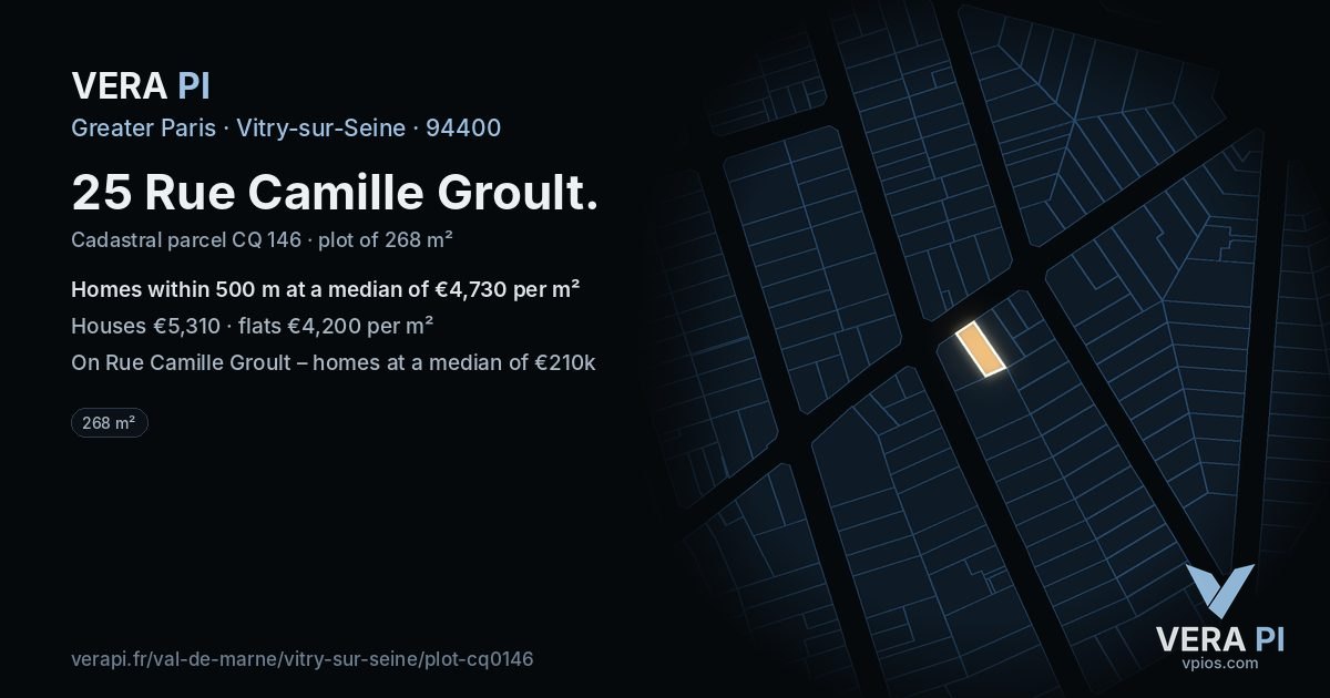 25 Rue Camille Groult, Vitry-sur-Seine at night – the plot lit, the parcels around coloured by the prices near them