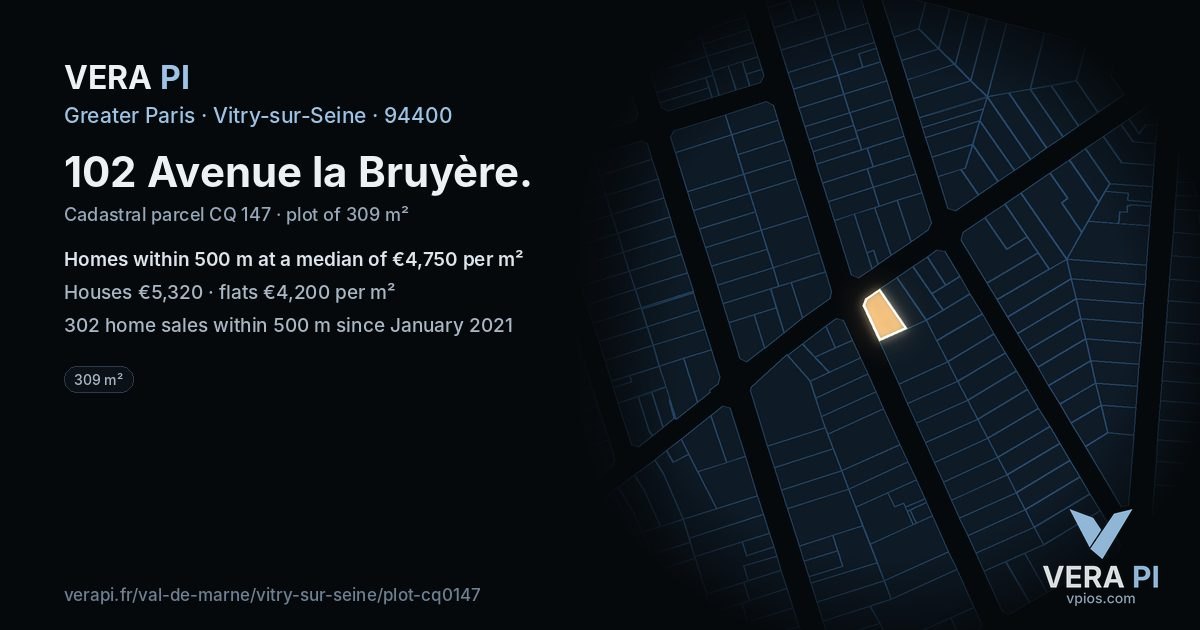 102 Avenue la Bruyère, Vitry-sur-Seine at night – the plot lit, the parcels around coloured by the prices near them