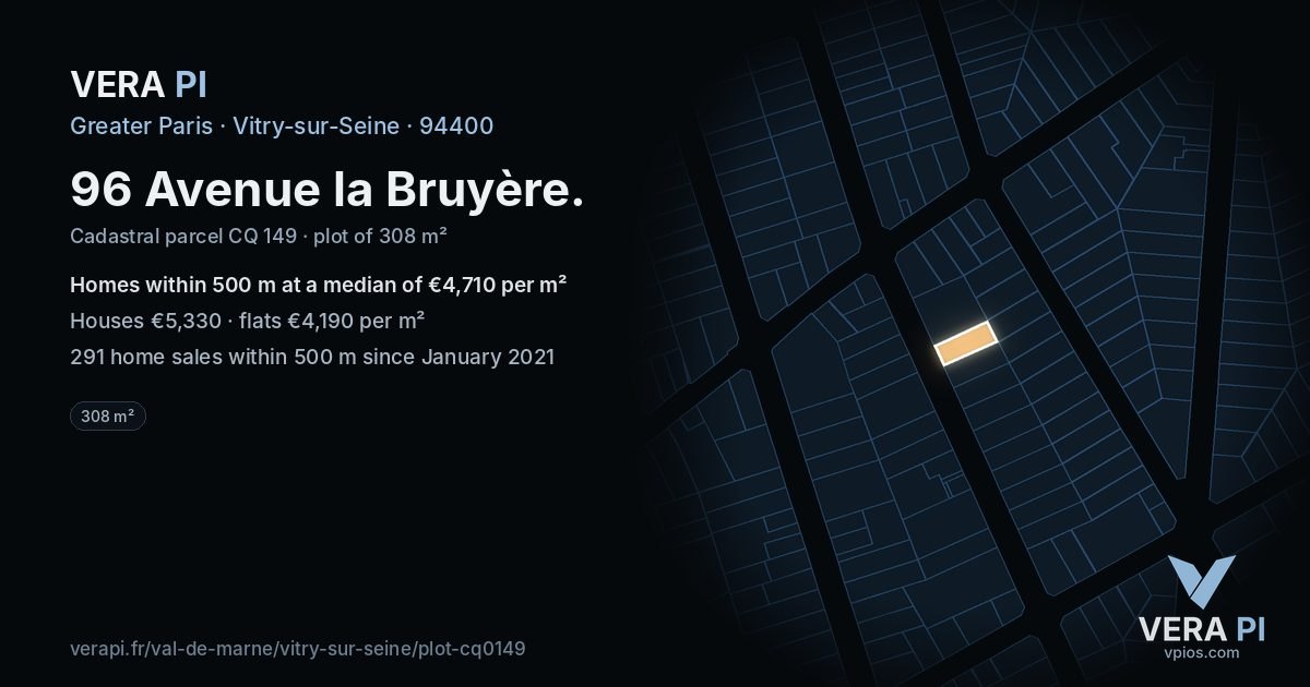 96 Avenue la Bruyère, Vitry-sur-Seine at night – the plot lit, the parcels around coloured by the prices near them