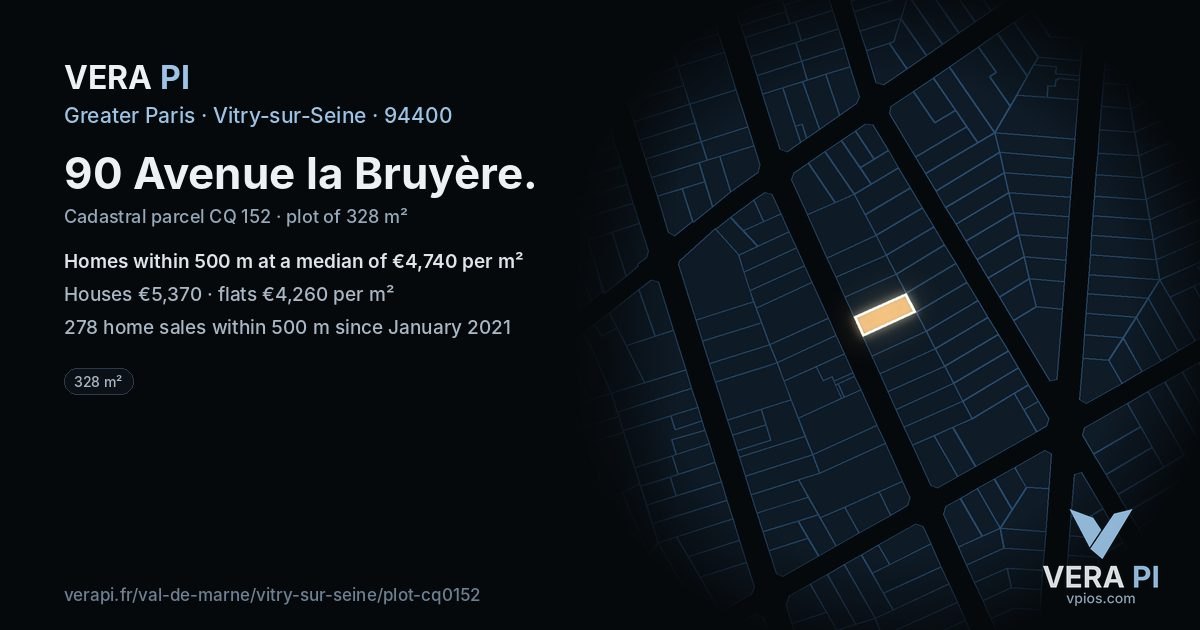 90 Avenue la Bruyère, Vitry-sur-Seine at night – the plot lit, the parcels around coloured by the prices near them