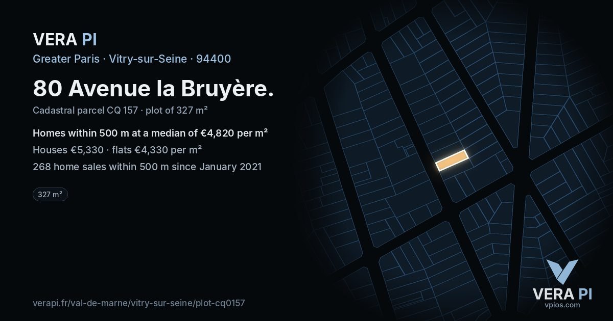 80 Avenue la Bruyère, Vitry-sur-Seine at night – the plot lit, the parcels around coloured by the prices near them