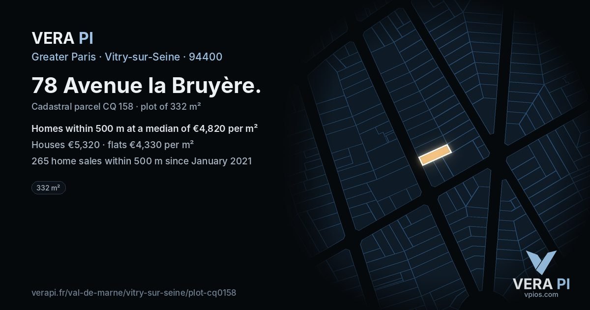 78 Avenue la Bruyère, Vitry-sur-Seine at night – the plot lit, the parcels around coloured by the prices near them