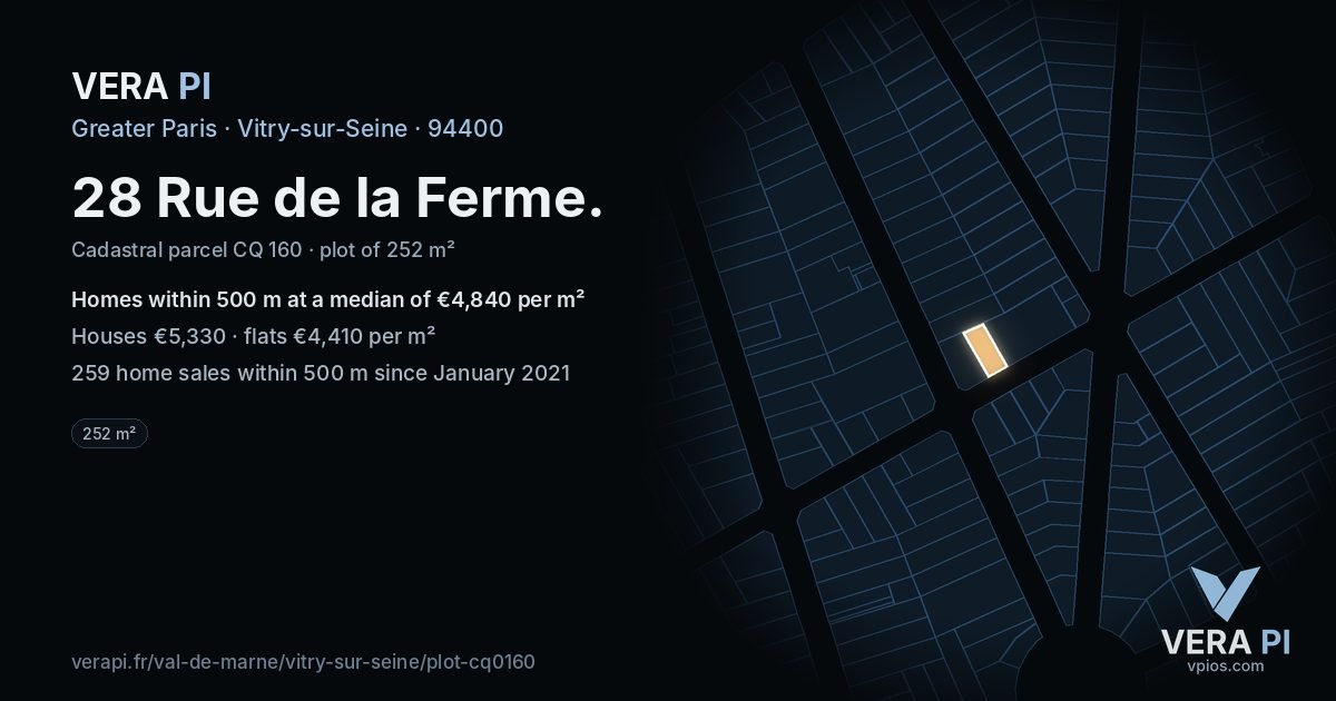 28 Rue de la Ferme, Vitry-sur-Seine at night – the plot lit, the parcels around coloured by the prices near them