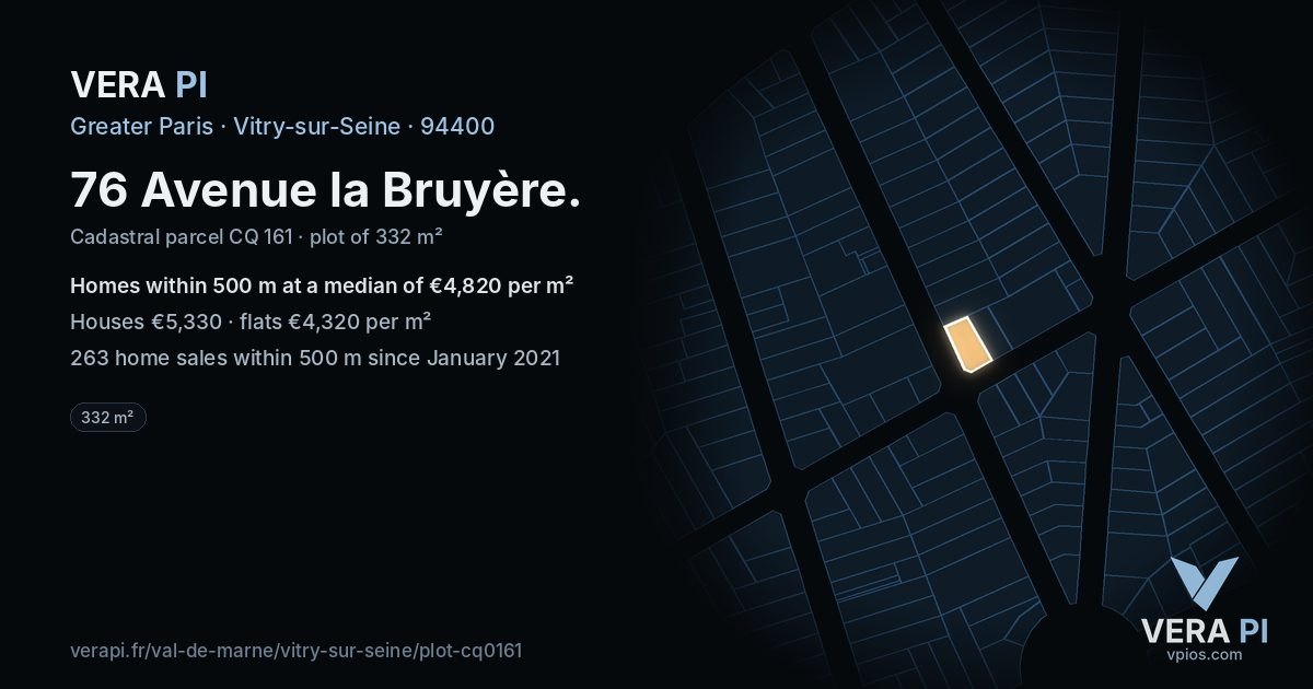 76 Avenue la Bruyère, Vitry-sur-Seine at night – the plot lit, the parcels around coloured by the prices near them