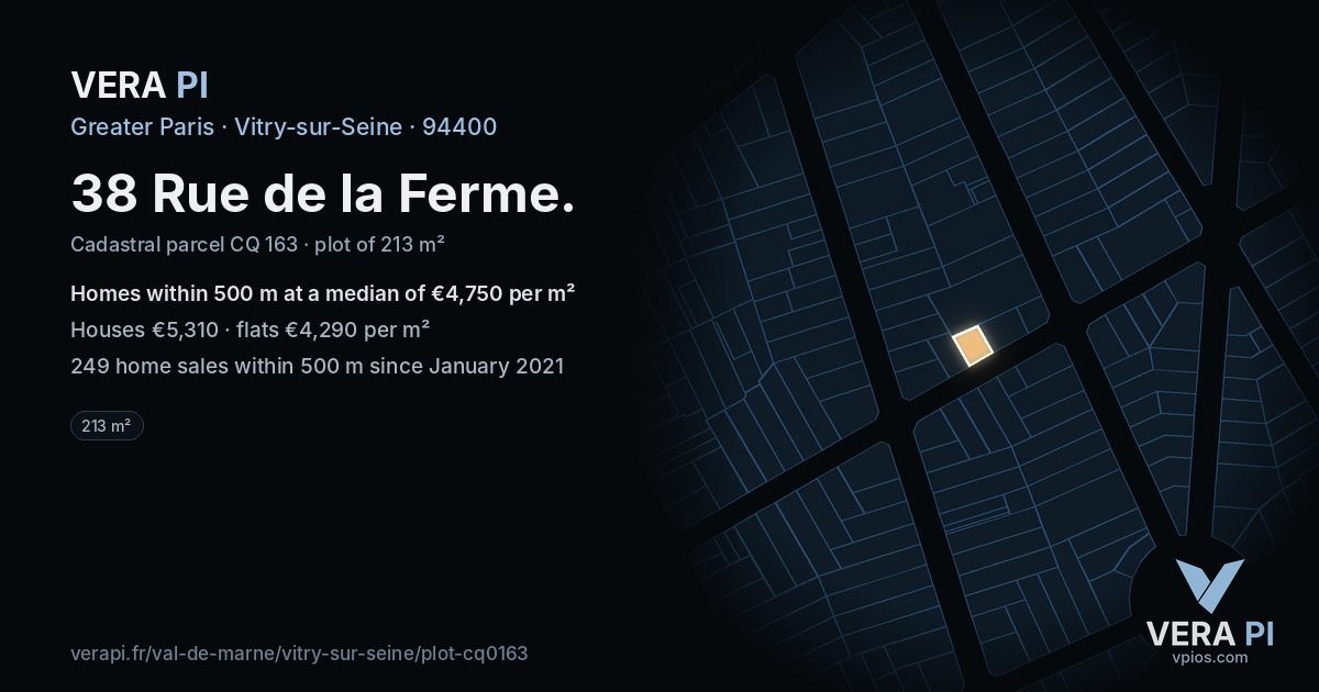 38 Rue de la Ferme, Vitry-sur-Seine at night – the plot lit, the parcels around coloured by the prices near them