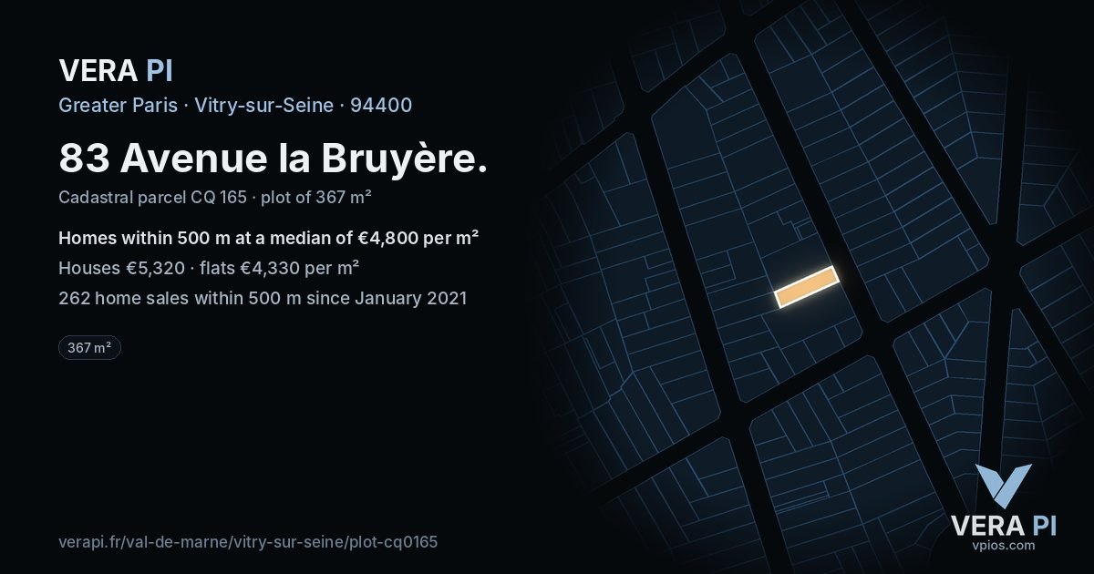 83 Avenue la Bruyère, Vitry-sur-Seine at night – the plot lit, the parcels around coloured by the prices near them
