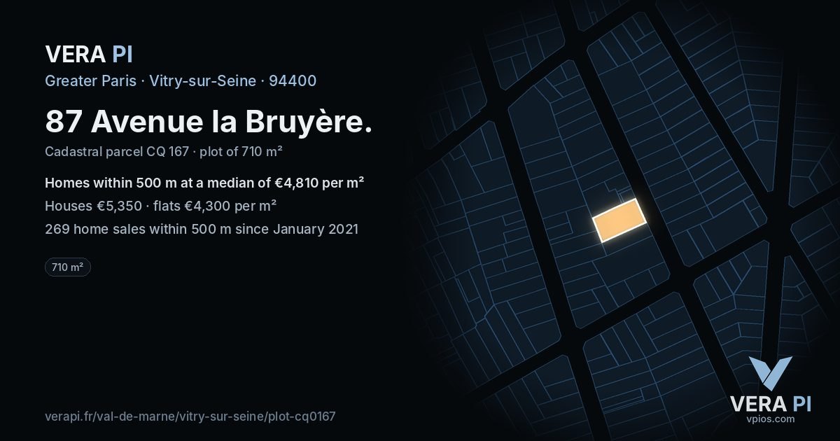 87 Avenue la Bruyère, Vitry-sur-Seine at night – the plot lit, the parcels around coloured by the prices near them