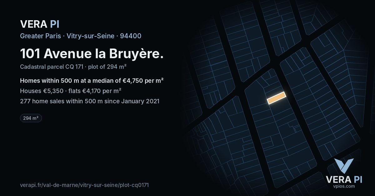 101 Avenue la Bruyère, Vitry-sur-Seine at night – the plot lit, the parcels around coloured by the prices near them