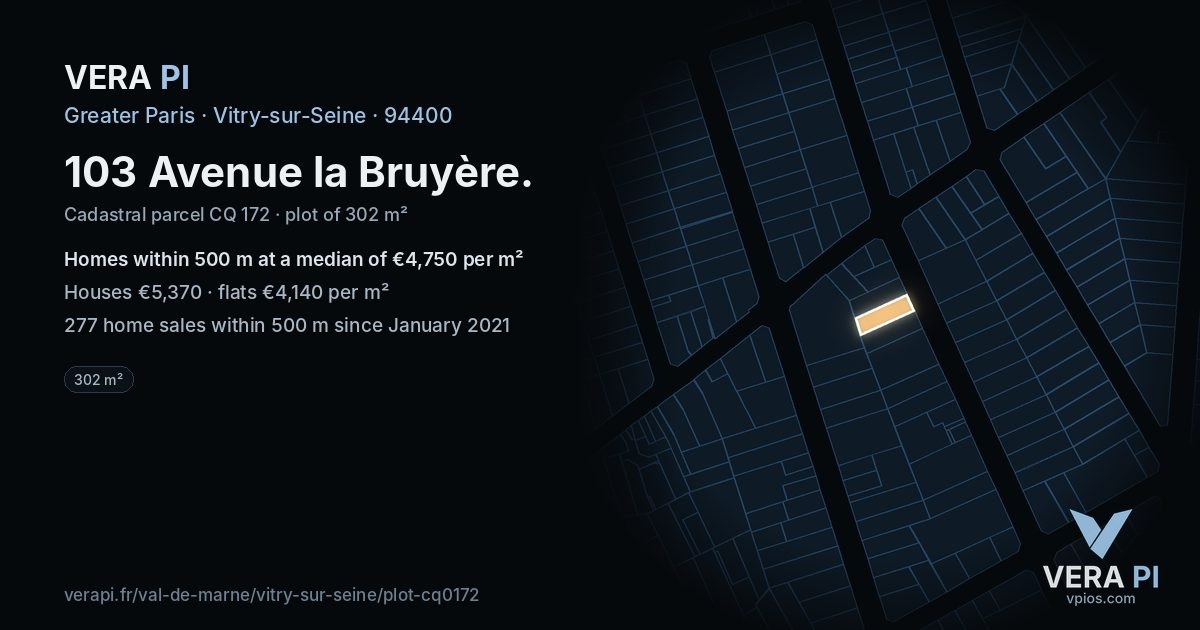 103 Avenue la Bruyère, Vitry-sur-Seine at night – the plot lit, the parcels around coloured by the prices near them
