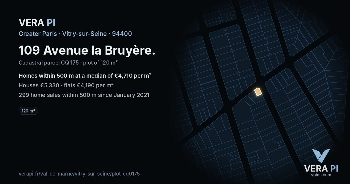 109 Avenue la Bruyère, Vitry-sur-Seine at night – the plot lit, the parcels around coloured by the prices near them