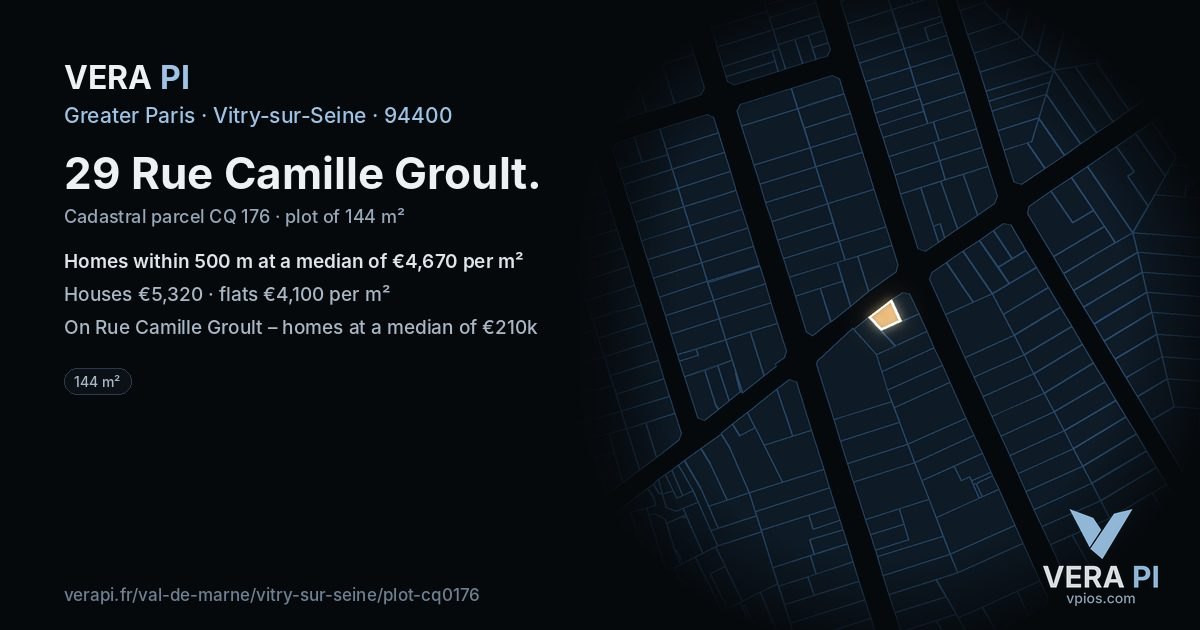 29 Rue Camille Groult, Vitry-sur-Seine at night – the plot lit, the parcels around coloured by the prices near them