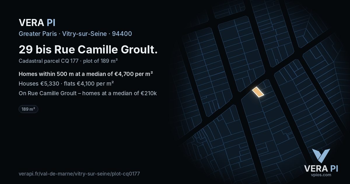 29 bis Rue Camille Groult, Vitry-sur-Seine at night – the plot lit, the parcels around coloured by the prices near them