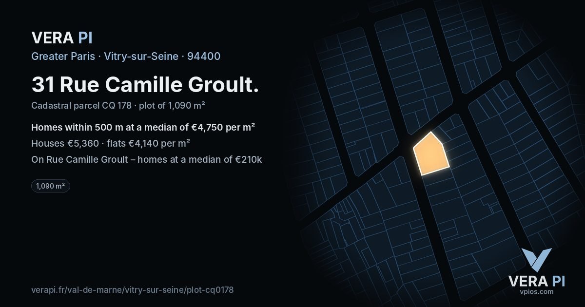 31 Rue Camille Groult, Vitry-sur-Seine at night – the plot lit, the parcels around coloured by the prices near them