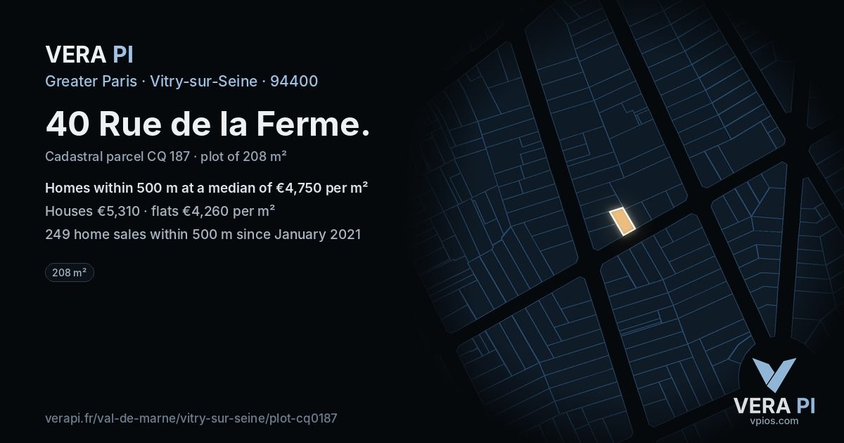 40 Rue de la Ferme, Vitry-sur-Seine at night – the plot lit, the parcels around coloured by the prices near them