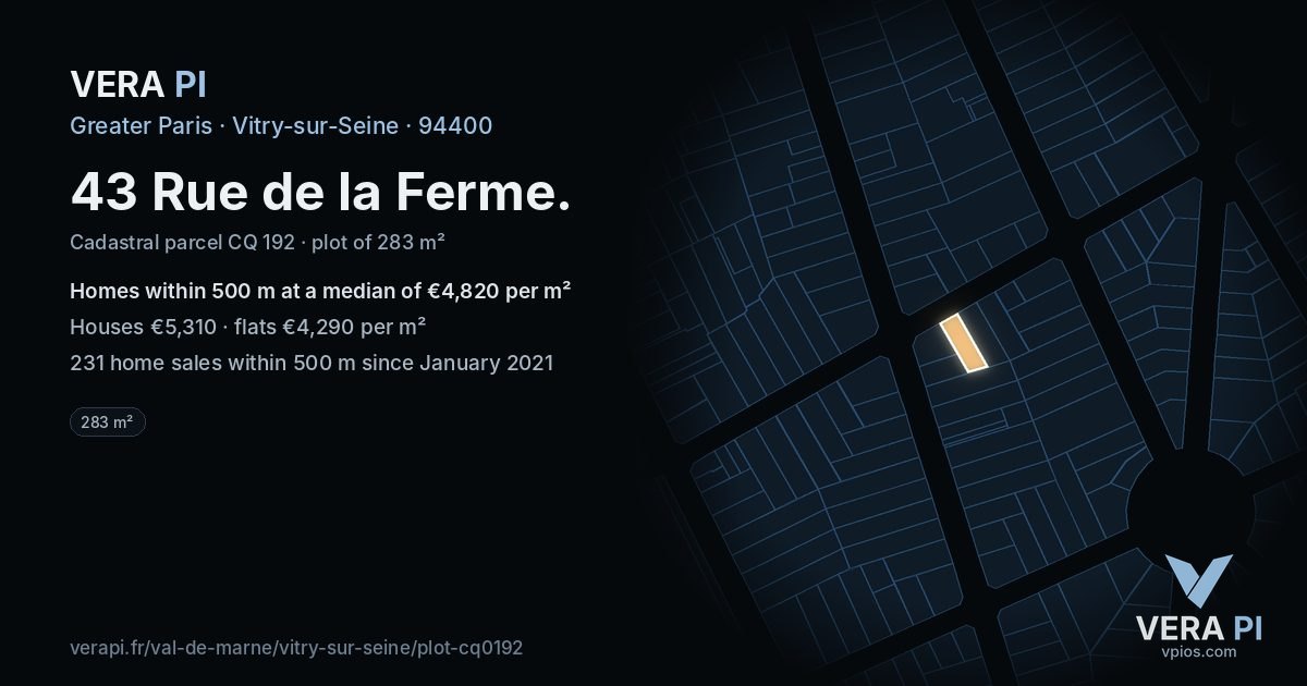 43 Rue de la Ferme, Vitry-sur-Seine at night – the plot lit, the parcels around coloured by the prices near them