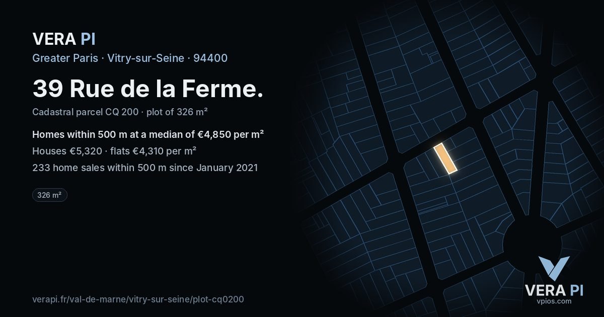 39 Rue de la Ferme, Vitry-sur-Seine at night – the plot lit, the parcels around coloured by the prices near them