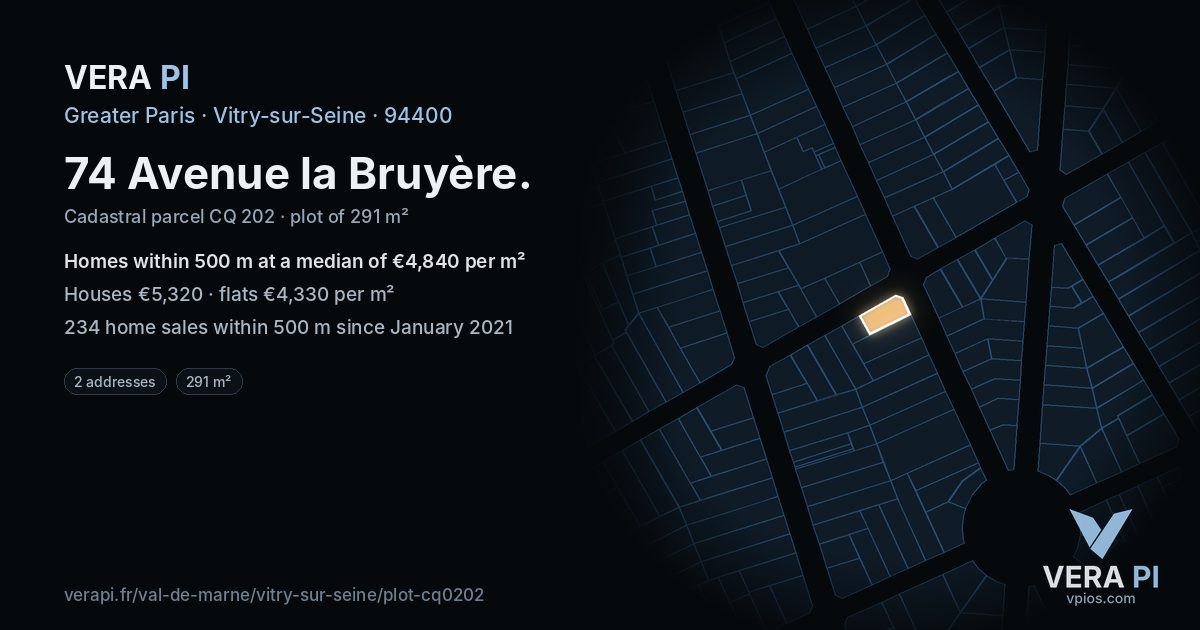 74 Avenue la Bruyère, Vitry-sur-Seine at night – the plot lit, the parcels around coloured by the prices near them