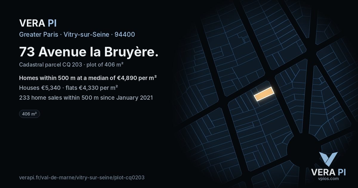73 Avenue la Bruyère, Vitry-sur-Seine at night – the plot lit, the parcels around coloured by the prices near them