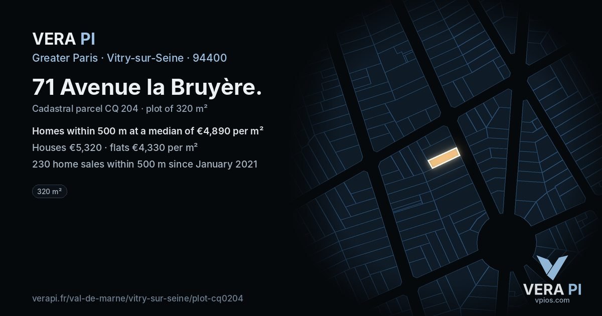 71 Avenue la Bruyère, Vitry-sur-Seine at night – the plot lit, the parcels around coloured by the prices near them
