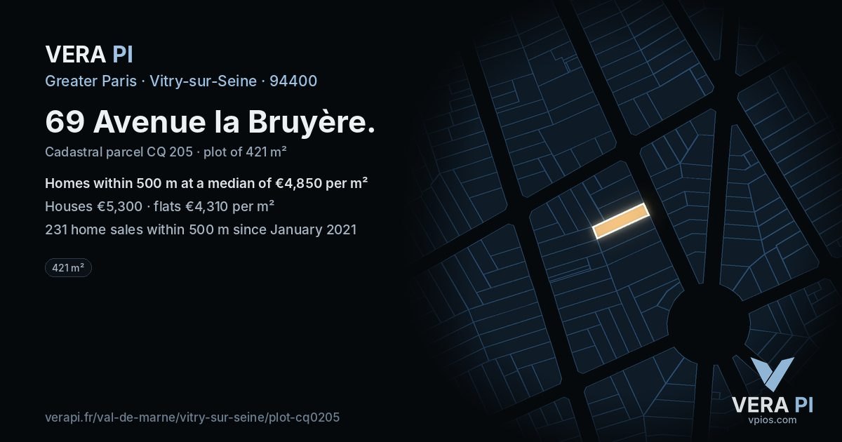 69 Avenue la Bruyère, Vitry-sur-Seine at night – the plot lit, the parcels around coloured by the prices near them