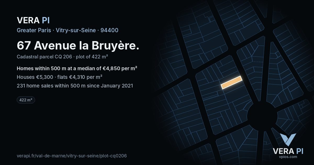 67 Avenue la Bruyère, Vitry-sur-Seine at night – the plot lit, the parcels around coloured by the prices near them