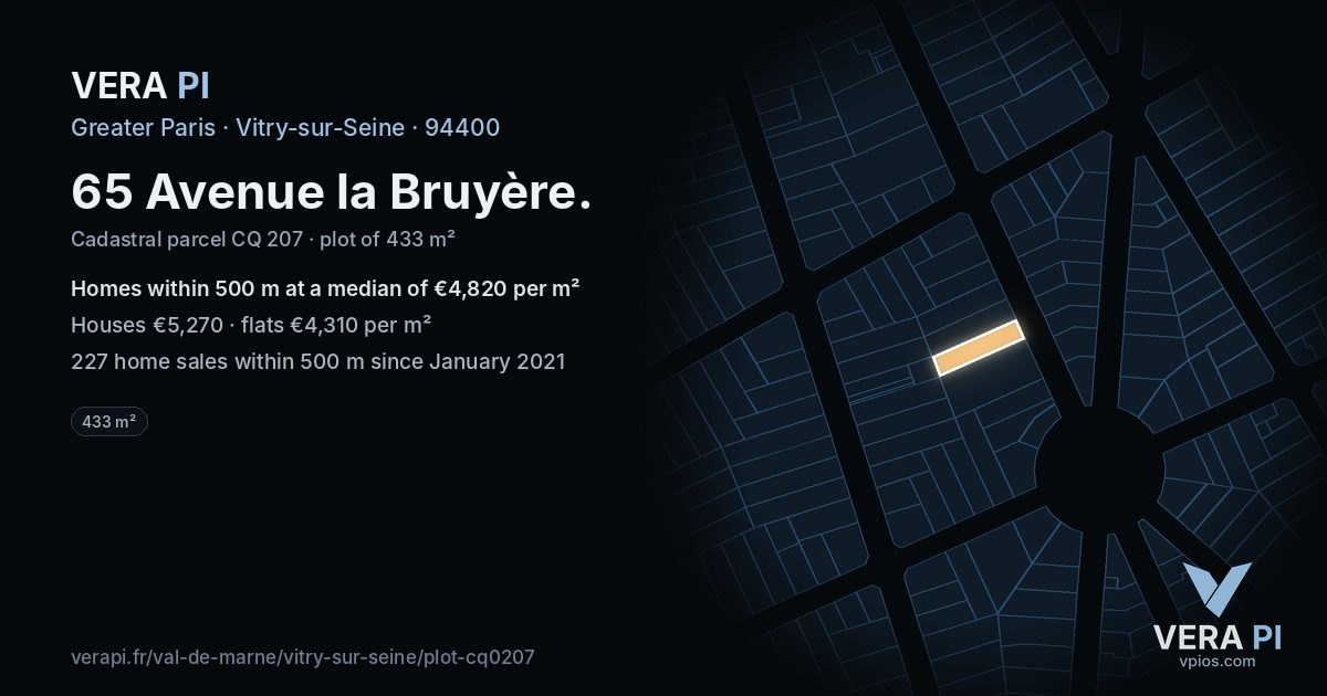 65 Avenue la Bruyère, Vitry-sur-Seine at night – the plot lit, the parcels around coloured by the prices near them