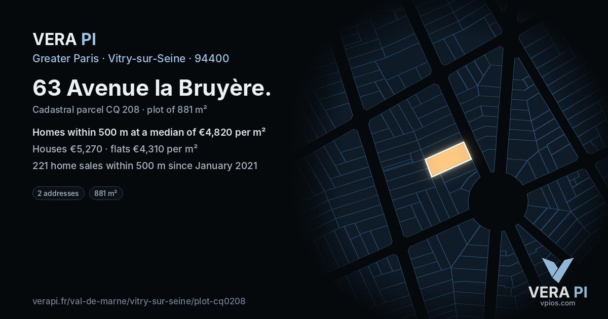 63 Avenue la Bruyère, Vitry-sur-Seine at night – the plot lit, the parcels around coloured by the prices near them