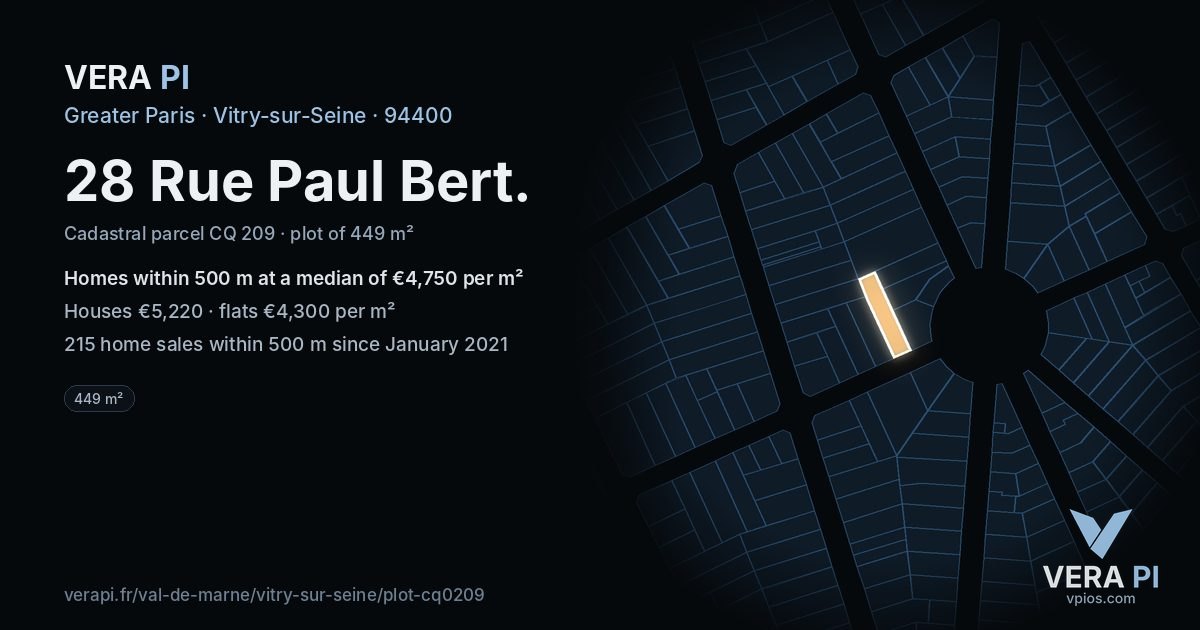 28 Rue Paul Bert, Vitry-sur-Seine at night – the plot lit, the parcels around coloured by the prices near them
