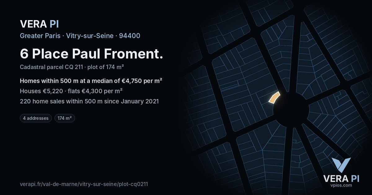 6 Place Paul Froment, Vitry-sur-Seine at night – the plot lit, the parcels around coloured by the prices near them