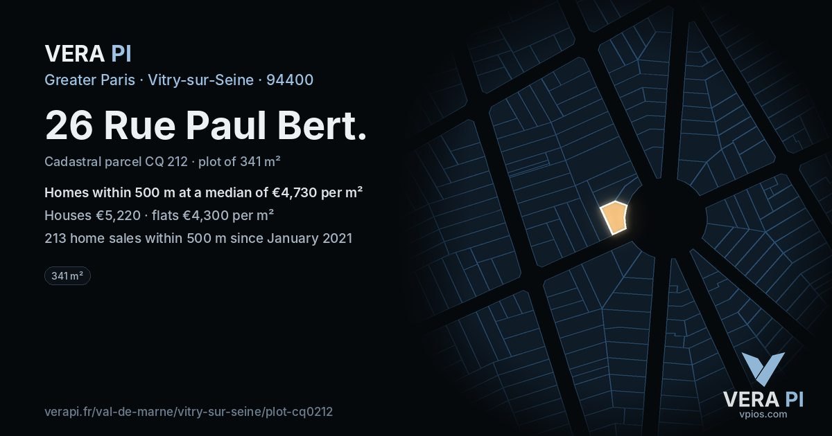 26 Rue Paul Bert, Vitry-sur-Seine at night – the plot lit, the parcels around coloured by the prices near them