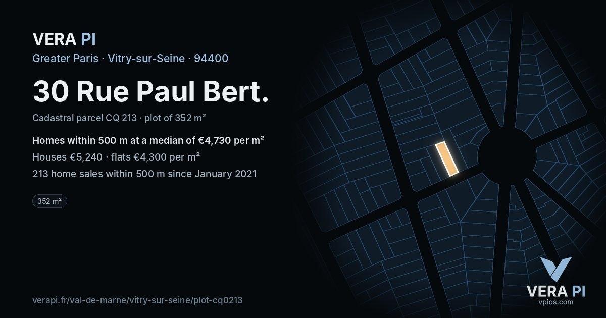 30 Rue Paul Bert, Vitry-sur-Seine at night – the plot lit, the parcels around coloured by the prices near them