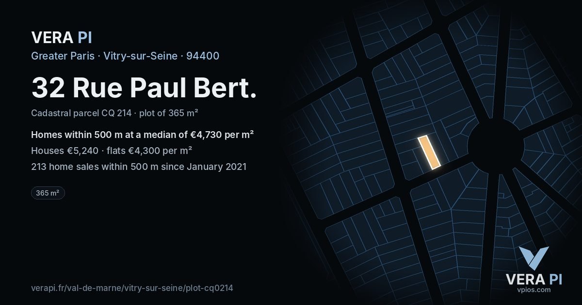 32 Rue Paul Bert, Vitry-sur-Seine at night – the plot lit, the parcels around coloured by the prices near them
