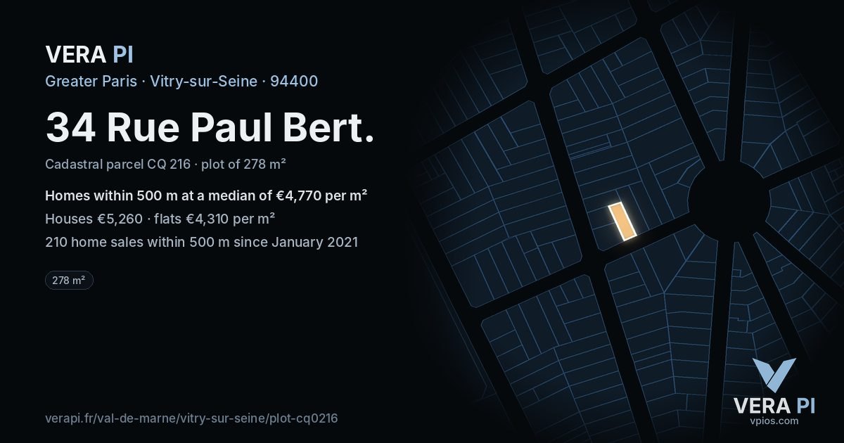 34 Rue Paul Bert, Vitry-sur-Seine at night – the plot lit, the parcels around coloured by the prices near them
