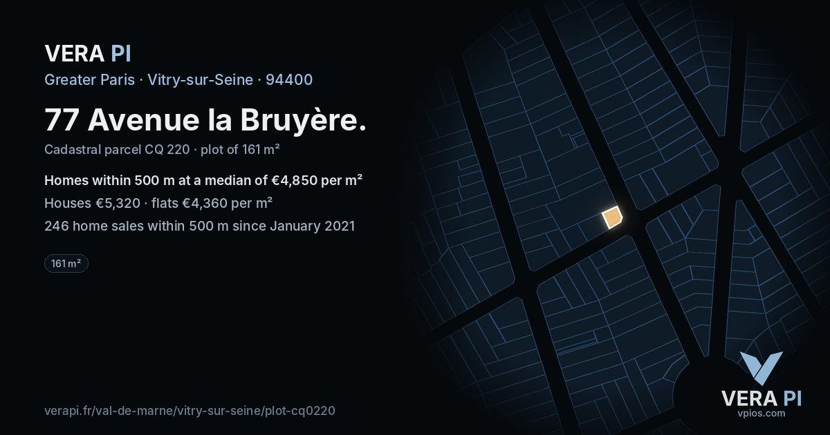 77 Avenue la Bruyère, Vitry-sur-Seine at night – the plot lit, the parcels around coloured by the prices near them