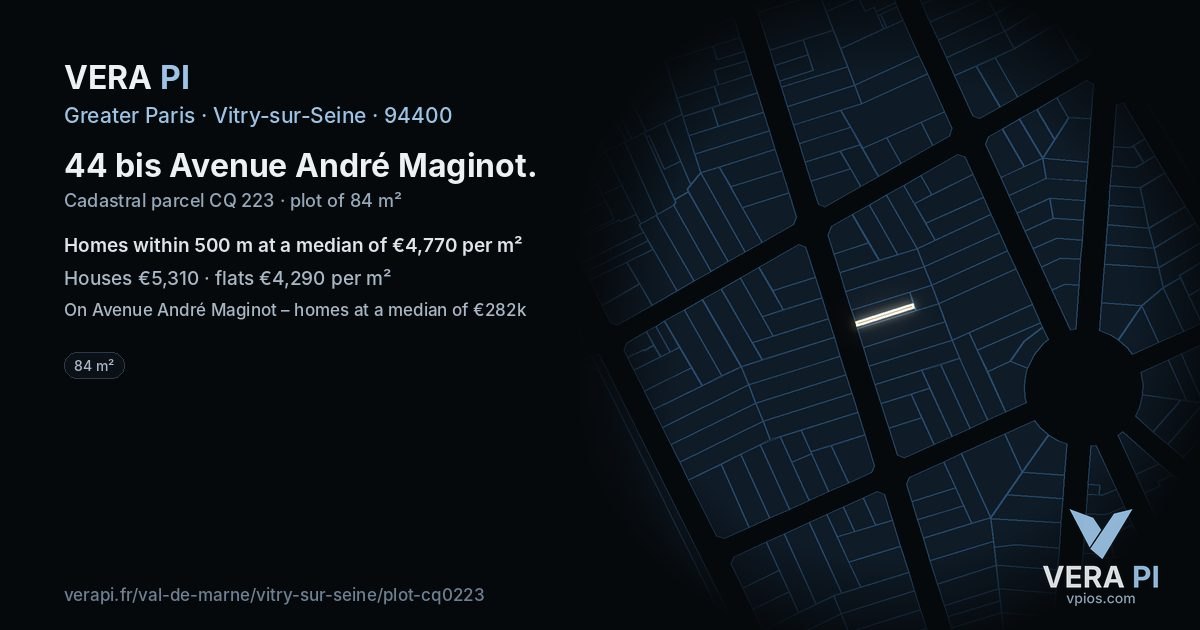 44 bis Avenue André Maginot, Vitry-sur-Seine at night – the plot lit, the parcels around coloured by the prices near them