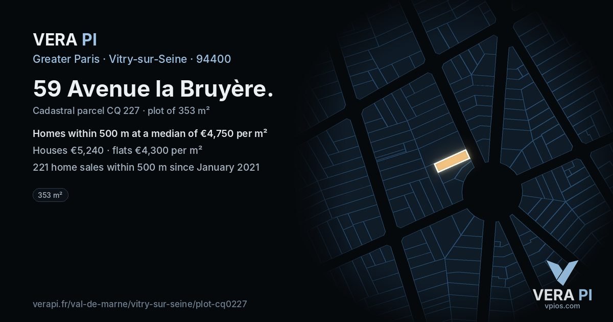 59 Avenue la Bruyère, Vitry-sur-Seine at night – the plot lit, the parcels around coloured by the prices near them