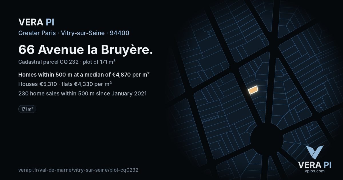 66 Avenue la Bruyère, Vitry-sur-Seine at night – the plot lit, the parcels around coloured by the prices near them